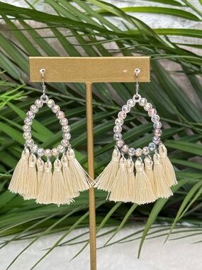 Boho Tassel Rhinestone Teardrop Earrings | Cream Fringe Statement